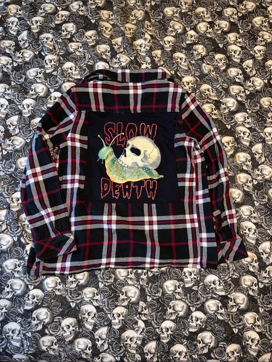 Other - RARE HAND STITCHED Kids large Plaid Flannel Shirt with Skull Patch - Black & Red